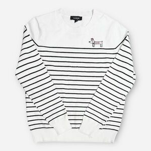 NWT Anthropologie Calligraphie Embroidered Dog White Black Stripes Sweater Sz L